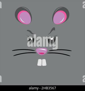 Vector illustration of an angry mouse on gray background. Cartoon of an evil mouse with whiskers Stock Vector