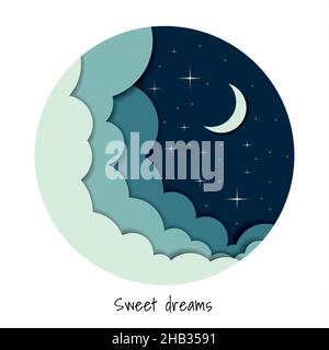 Greeting postcard made of paper cut from a starry blue background with a crescent moon and clouds. Sweet dreams message Stock Vector