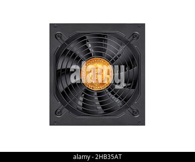 Cryptocurrency mining. Bitcoin coin on a computer graphics card component. Stock Photo