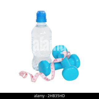 Water bottle, two blue dumbbells and measuring tape on white background. Isolate Stock Photo