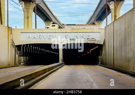 The Harvey Tunnel and Westbank Expressway are pictured, Dec. 13, 2021, in Harvey, Louisiana. The Harvey Tunnel was built in 1954. Stock Photo