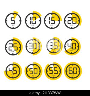 Stopwatch icons showing time. 5 - 60 minutes or seconds. Set of minimalist vector timers. Kitchen timer concept. Stock Vector