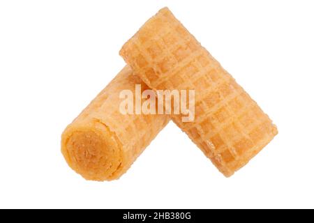 two crispy waffle rolls isolated on white background. High quality photo Stock Photo