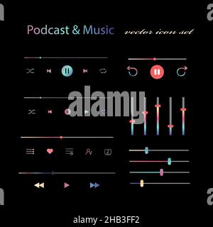 Music podcast player gradient button interface set. Vector control multimedia illustration icon symbol. Stock Vector