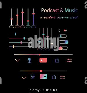 Music podcast player gradient button interface set. Vector control multimedia illustration icon symbol. Stock Vector
