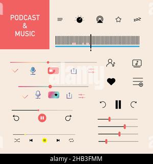 Music podcast player button interface set. Vector control multimedia illustration icon symbol. Stock Vector