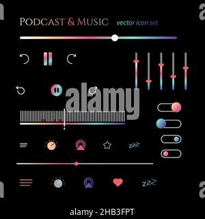 Music podcast player gradient button interface set. Vector control multimedia illustration icon symbol. Stock Vector