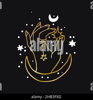 Vector boho hand and moon celestial icon - star gold logo Stock Vector