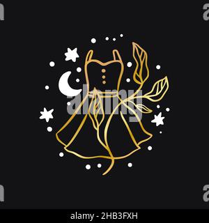 Vector boho woman fashion dress celestial icon - star and moon gold logo Stock Vector