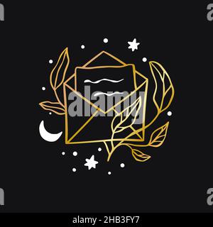 Vector boho letter, mail celestial icon - star and moon gold logo Stock Vector