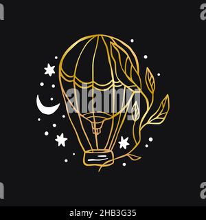 Vector boho air balllon celestial icon - star and moon gold logo Stock Vector