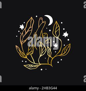 Vector boho hand floral celestial icon - star and moon gold logo Stock Vector