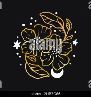 Vector boho flower celestial icon - star and moon gold logo Stock Vector