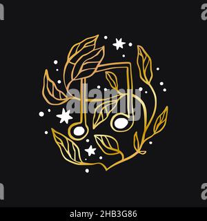 Vector music note boho celestial icon - star and moon gold logo Stock Vector