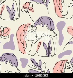 Couple love kiss, Valentines day seamless pattern with woman and man Stock Vector