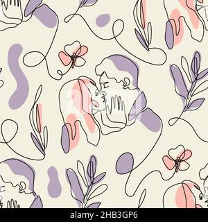 Couple love kiss, Valentines day seamless pattern with woman and man Stock Vector