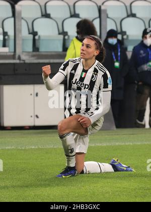 Turin, Italy. 16th Dec, 2021. Agnese Bonfantini (Juventus Women) celebrates the goal of 4-0 during Juventus vs Servette, UEFA Champions League Women football match in Turin, Italy, December 16 2021 Credit: Independent Photo Agency/Alamy Live News Stock Photo