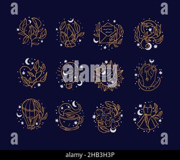 Magic celestial icon set with moon and star. Stock Vector