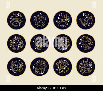 Magic celestial golden icon set with moon and star. Stock Vector