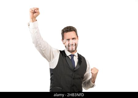 happy bearded elegant man isolated on white background, success Stock Photo