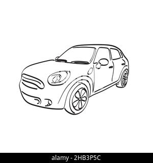 perspective front view of car illustration vector hand drawn isolated on white background line art. Stock Vector