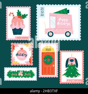 flat christmas stamp collection vector design illustration Stock Vector