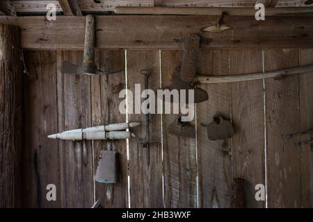 Old hand tools used by the Chesser family on Chesser Island in the Okefenokee National Wildlife Refuge, Folkston, Georgia, USA Stock Photo
