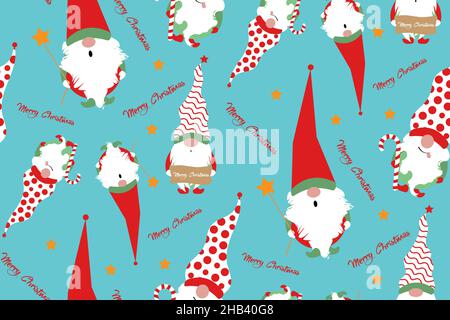 Seamless print set of Christmas Gnome, Scandinavian Nordic Gnome, Cute Christmas Santa Gnome Elf. Vector Illustration isolated on blue background Xmas Stock Vector