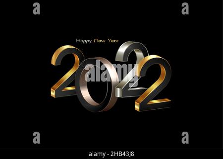 2022 golden, bronze and silver bold letters. New Year 3D logo for Holiday greeting card. Vector illustration isolated on black background, eve fashion Stock Vector