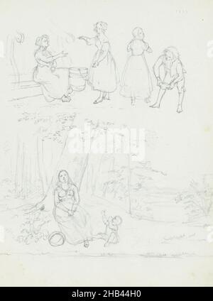 Also a study of a woman sitting on a bench with next to her a barrel, two girls and a boy. Sheet 3 recto from a sketchbook with 21 sheets, Woman with child under a tree., Hendrik Abraham Klinkhamer, 1820 - 1872 Stock Photo