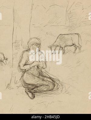The girl is leaning against a tree and may be braiding rope. Sheet 4 verso from a sketchbook with 18 sheets, Sitting girl in a landscape with grazing cows., Jozef Israëls, 1834 - 1911 Stock Photo