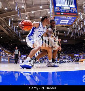December 16, 2021: Duke Blue Devils forward Wendell Moore Jr. (0) works against Appalachian State Mountaineers guard Michael Eads Jr. (10) during the first half of the NCAA basketball matchup at Cameron Indoor in Durham, NC. (Scott Kinser/Cal Sport Media) Stock Photo