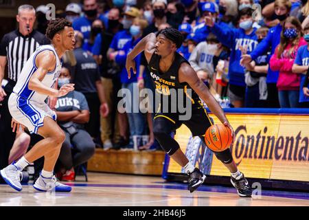 December 16, 2021: Duke Blue Devils forward Wendell Moore Jr. (0) defends Appalachian State Mountaineers guard Adrian Delph (20) as he dribbles with the ball during the first half of the NCAA basketball matchup at Cameron Indoor in Durham, NC. (Scott Kinser/Cal Sport Media) Stock Photo