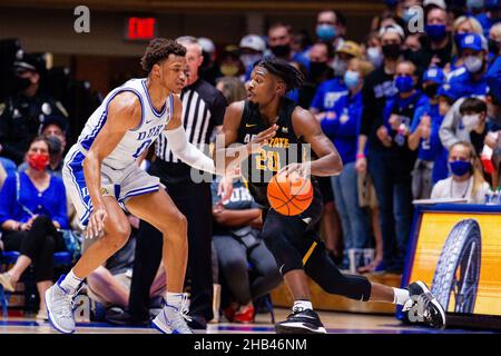 December 16, 2021: Duke Blue Devils forward Wendell Moore Jr. (0) defends Appalachian State Mountaineers guard Adrian Delph (20) as he dribbles with the ball during the first half of the NCAA basketball matchup at Cameron Indoor in Durham, NC. (Scott Kinser/Cal Sport Media) Stock Photo