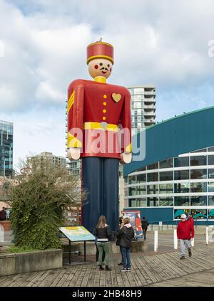 New Westminster Pier Park. World's Tallest Tin Soldier momument on a walkway by the Fraser river BC, Canada-December 5,2021. Street view, travel photo Stock Photo