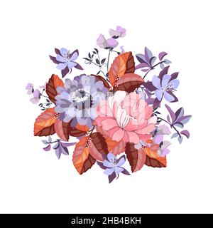 Vector floral illustration. A bouquet of lilac and pink flowers with burgundy leaves on a white background. Stock Vector