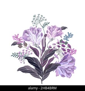 Vector floral illustration. Bouquet of lilac and purple flowers on a white background. Stock Vector