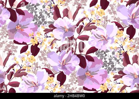 Vector floral seamless pattern. Pink, purple and yellow flowers with burgundy leaves. Stock Vector
