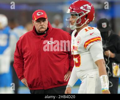 Inglewood, USA. 16th Dec, 2021. Kansas City Chiefs Head Coach Andy Reid watches quarterback Patrick Mahomes prior to game against the Los Angeles Chargers at SoFi Stadium on Thursday, December 16, 2021 in Inglewood, California. Photo by Jon SooHoo/UPI Credit: UPI/Alamy Live News Stock Photo