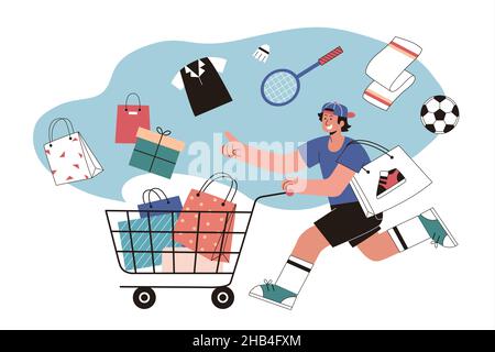 Sporty boy shopping on Singles' Day in flat illustration. Sportsman running and pushing with a shopping cart with sports goods in bags Stock Vector