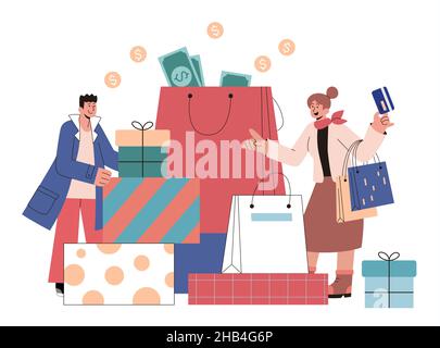 Couple going on a shopping spree in flat illustration. Shopaholics spending lots of money on double eleven to buy loads of shopping bags and gift boxe Stock Vector