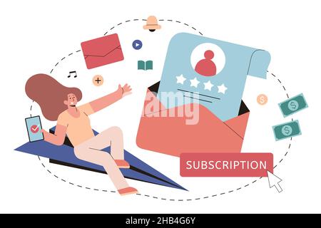 Influencer marketing in flat style illustration. Social media influencer calling subscriptions to her blog or video channel of product or service revi Stock Vector