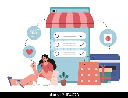 Girl ticking her shopping checklist in flat style illustration. A female sitting by a large phone and making purchase based on her shopping lists Stock Vector