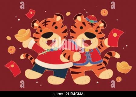 Happy Chinese new year greeting card. Two cute tigers in red costumes with gold and money. Animal holidays cartoon characters. Flat illustration. Stock Vector