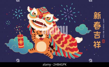CNY greeting banner. A cute tiger performing lion dance with fire crackers exploding in sky. Flat style illustration. Translation: Happy Chinese new y Stock Vector