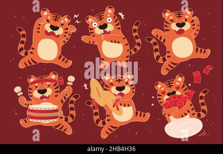 Flat illustration of Chinese new year tiger characters dancing and playing traditional instruments. Cute tiger character design Stock Vector