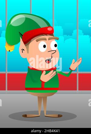 Christmas Elf showing something with both hands, powerful hand gesture. Vector cartoon character illustration of Santa Claus's little worker, helper. Stock Vector