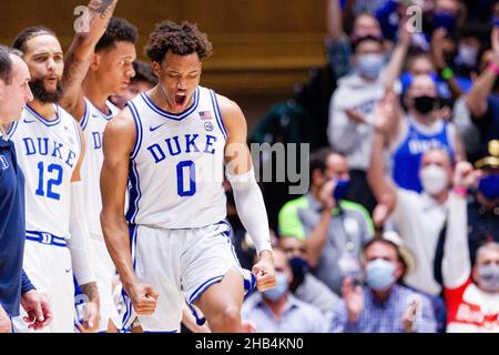 December 16, 2021: Duke Blue Devils forward Wendell Moore Jr. (0) celebrates his three against the Appalachian State Mountaineers during the second half of the NCAA basketball matchup at Cameron Indoor in Durham, NC. (Scott Kinser/Cal Sport Media) Stock Photo