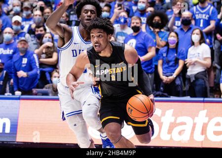 December 16, 2021: Duke Blue Devils forward A.J. Griffin (21) gets beat as Appalachian State Mountaineers guard Justin Forrest (1) drives to the basket during the second half of the NCAA basketball matchup at Cameron Indoor in Durham, NC. (Scott Kinser/Cal Sport Media) Stock Photo