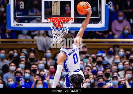 December 16, 2021: Duke Blue Devils forward Wendell Moore Jr. (0) goes for a slam dunk against the Appalachian State Mountaineers during the second half of the NCAA basketball matchup at Cameron Indoor in Durham, NC. (Scott Kinser/Cal Sport Media) Stock Photo